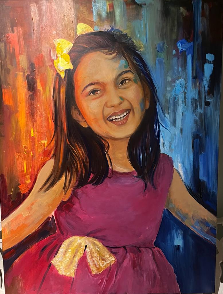 Acrylic portrait painting of a smiling child by Rakesh Ranjan