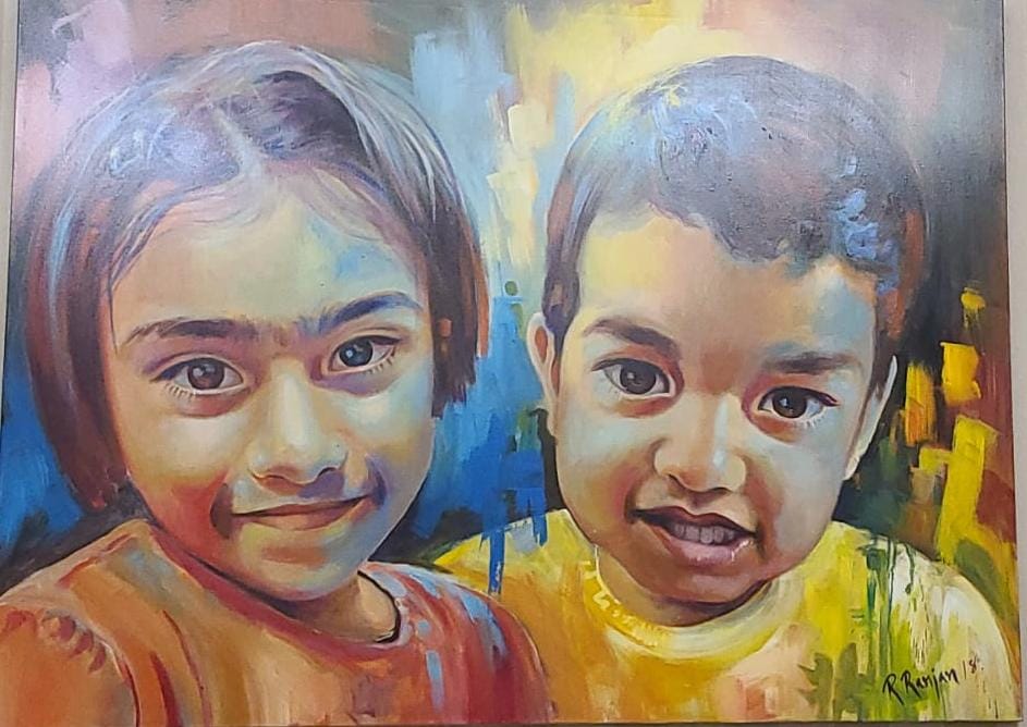 Acrylic portrait painting of two children by Rakesh Ranjan
