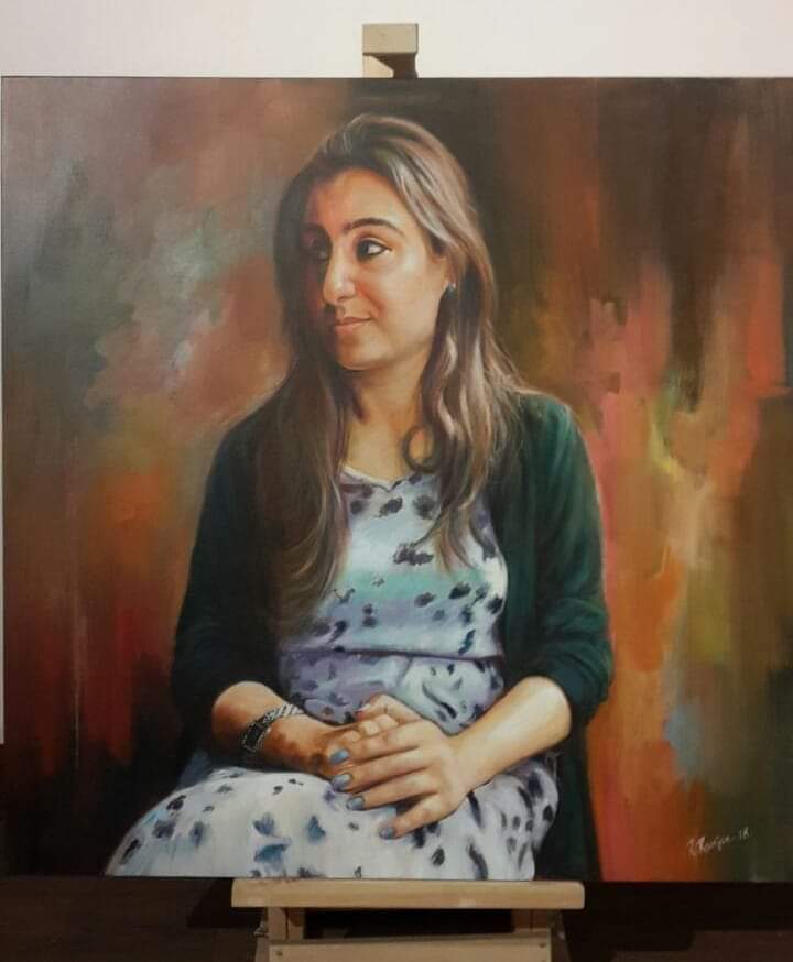 Seated acrylic portrait painting on canvas by Rakesh Ranjan