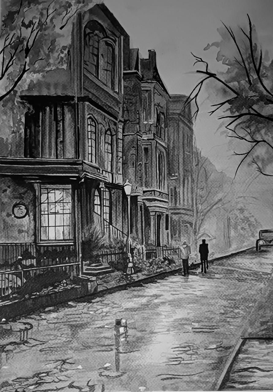 Architecture and perspective drawing by a Liger Art Academy student showing a detailed street scene with buildings and depth