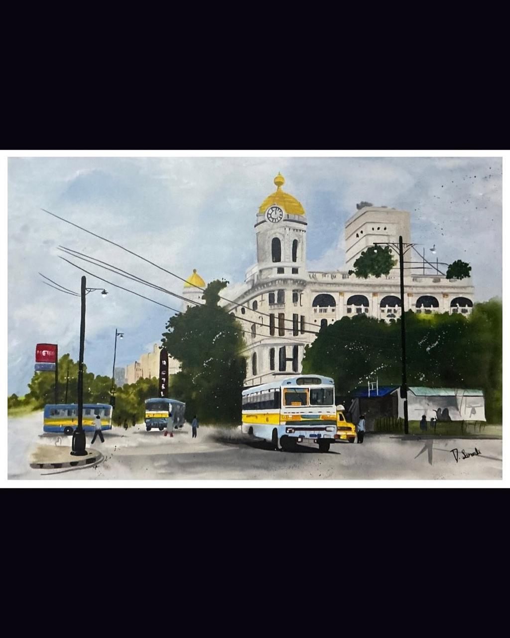 Landscape painting by a Liger Art Academy student showing city architecture, buses, trees and atmospheric perspective