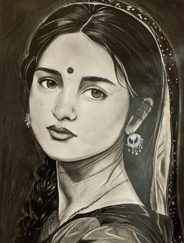 Portrait drawing by a Liger Art Academy student showing detailed facial features and traditional jewellery